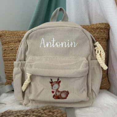 Sac à Dos Velours Personnalisé Beige ou Vieux Rose Grande taille Maternelle, illustration dessin