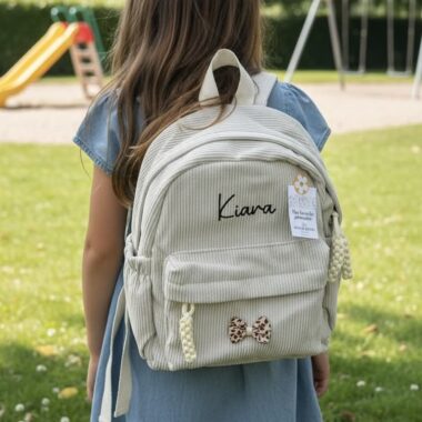 Sac à Dos Velours Personnalisé, Vieux Rose ou Beige, Taille standard maternelle, illustration relief