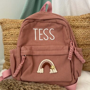 Sac à Dos Velours Personnalisé, Vieux Rose ou Beige, Grande taille maternelle, illustration relief