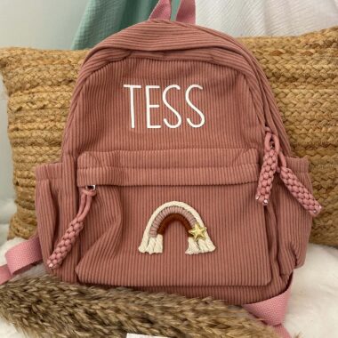 Sac à Dos Velours Personnalisé, Vieux Rose ou Beige, Grande taille maternelle, illustration relief