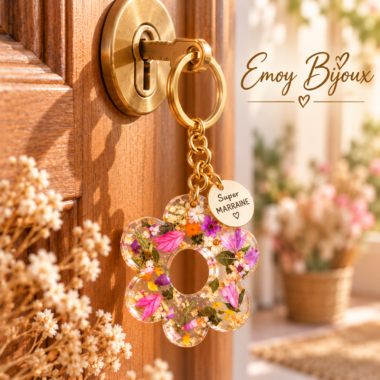 Porte clés Fleur Pailleté et médaille personnalisée