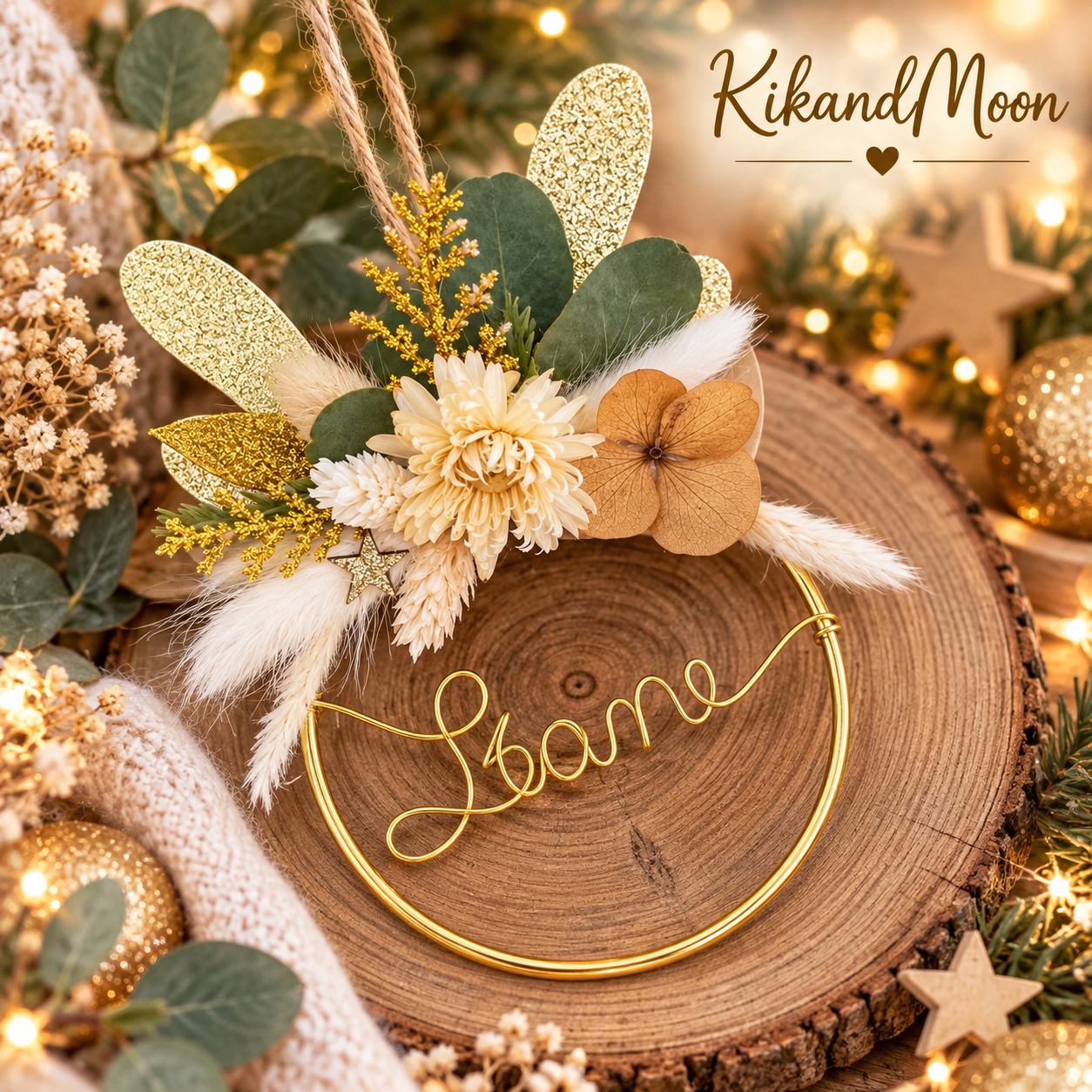 Boule de Noël Couronne Renne Bois Dorés Personnalisée