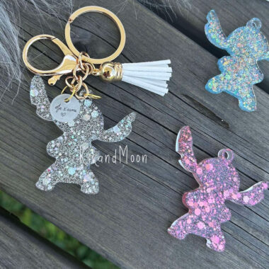 Porte clés Stitch Pailleté et médaille personnalisée