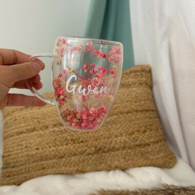 MUG, Tasse Verre double paroies Fleurs séchées tons Rose, personnalisée
