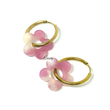 Boucles d'oreilles créoles Flower Marbré Blanc Rose (8)