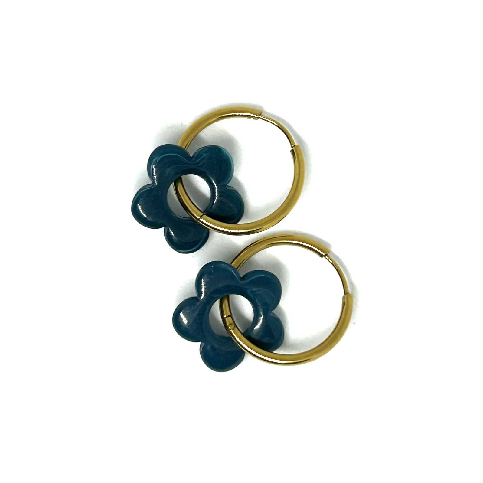 32- Boucles d'oreilles créoles Fleur Bleu pétrole foncé (42)