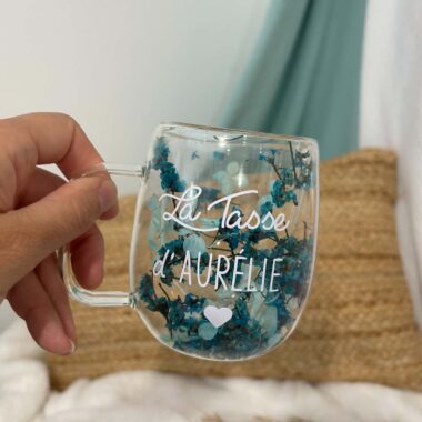 MUG, Tasse Verre double paroies Fleurs séchées tons Verts, personnalisée