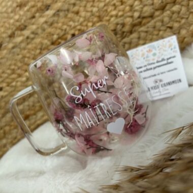 MUG, Tasse Verre double paroies Fleurs séchées tons Prune Violet, personnalisée