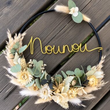 2 Couronne de fleurs séchées Couleurs Naturel Vert, cercle métal Noir