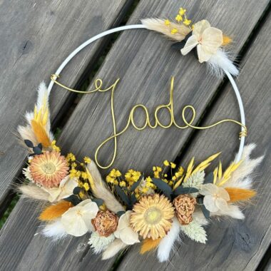 3 Couronne de fleurs séchées, Fleurs couleurs naturel Jaune, cercle métal Blanc