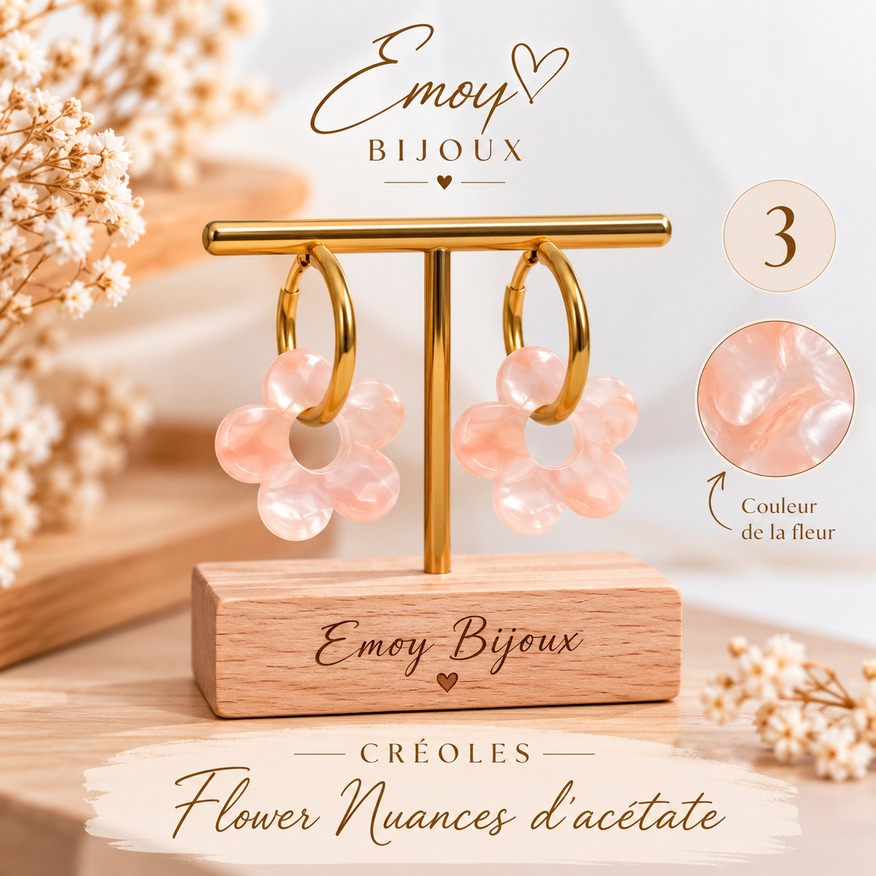 Boucles Flower en acétate nuance pêche Emoy bijoux