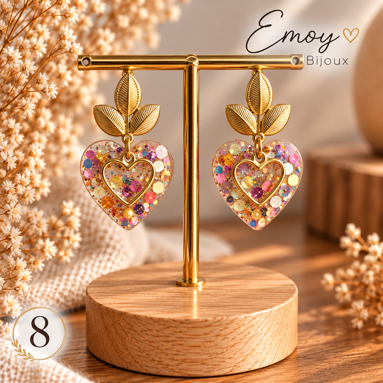Boucles cœur en résine pailletée