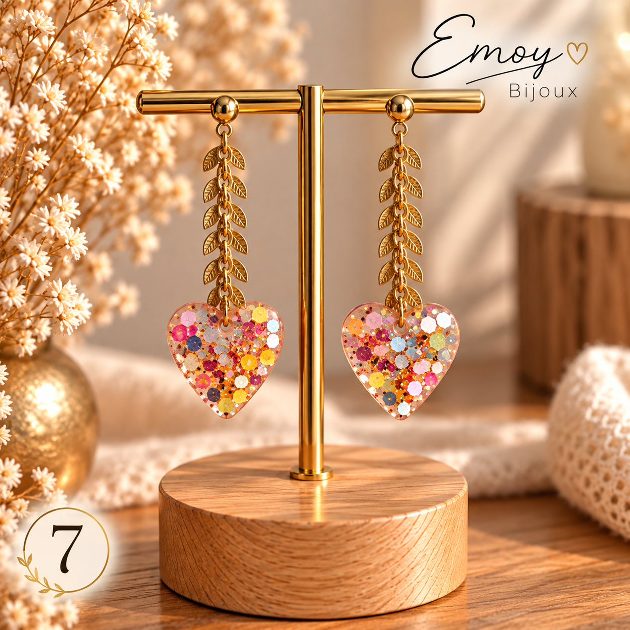 Boucles cœur scintillantes sur présentoir doré (1)