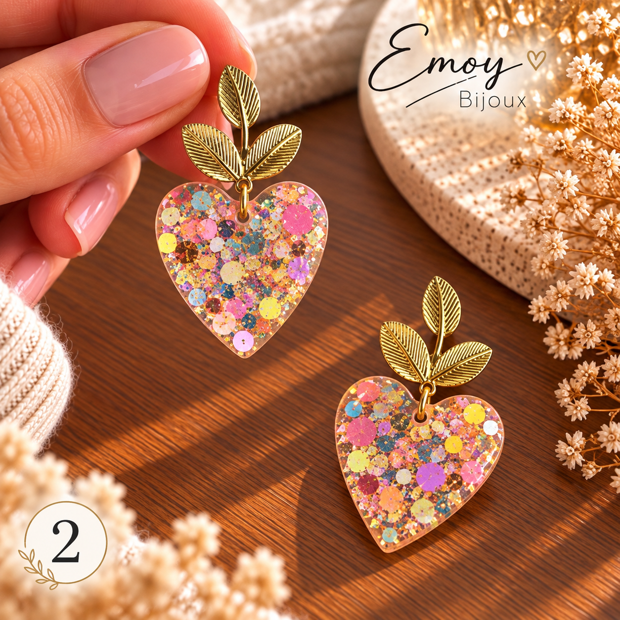 Boucles d’oreilles cœur confettis scintillants