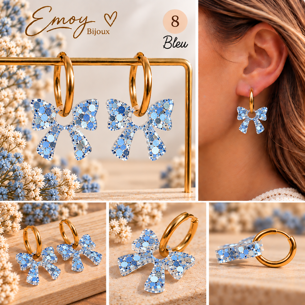 Boucles d’oreilles nœud bleu scintillant