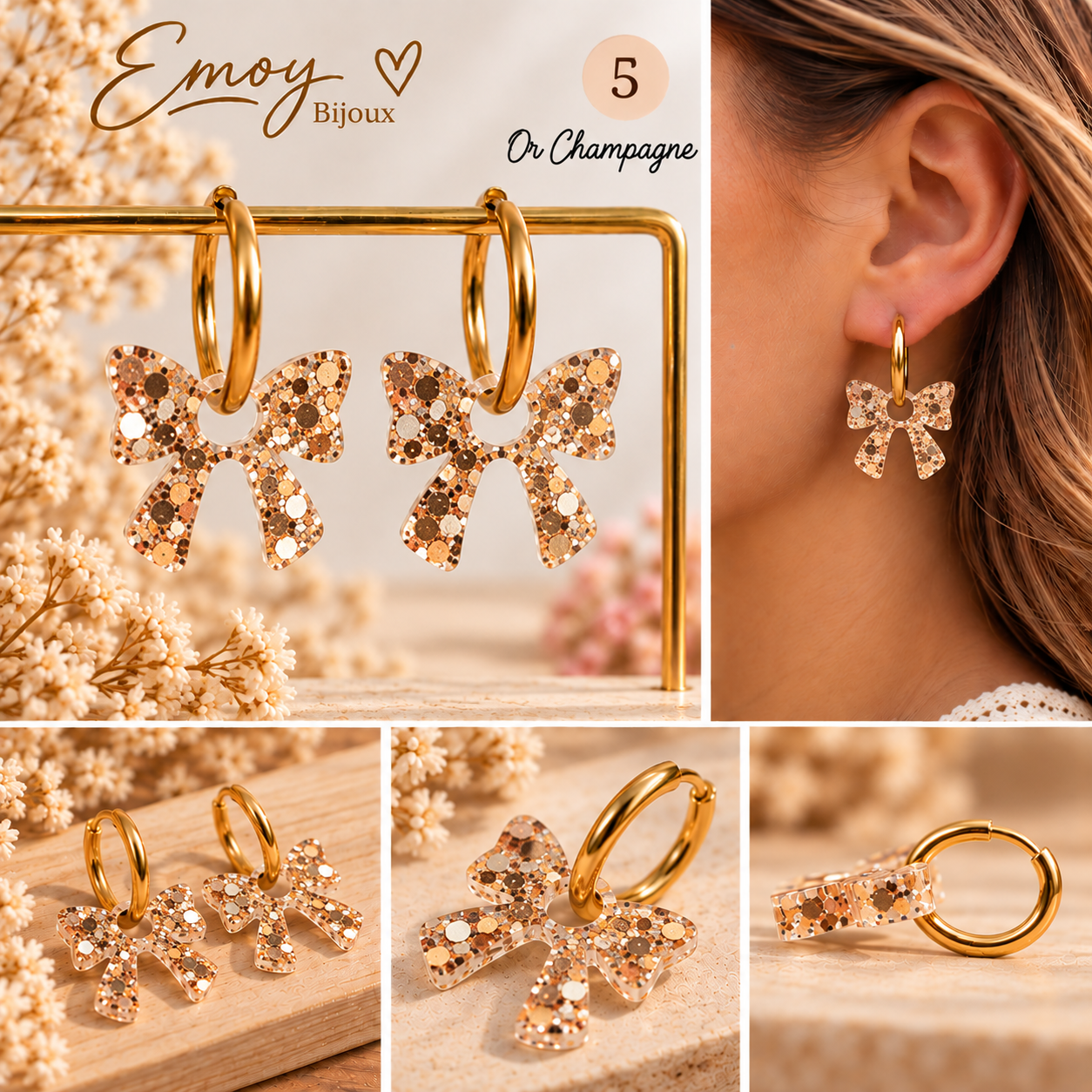 Boucles d’oreilles nœud champagne scintillant