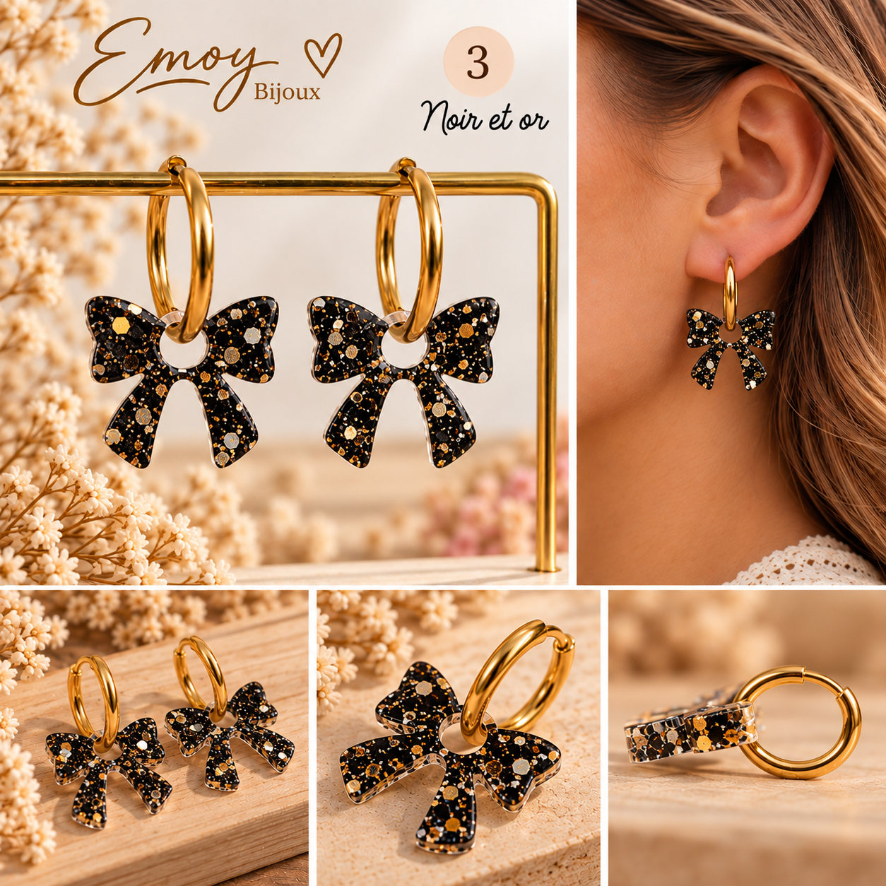Boucles d’oreilles nœud noir et or