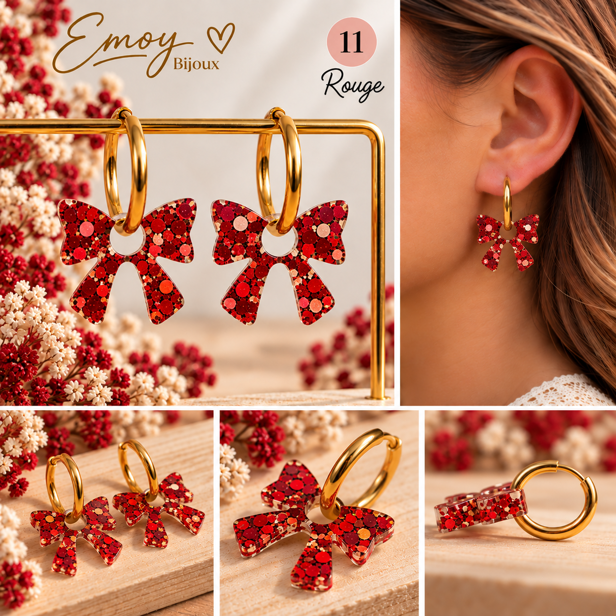 Boucles d’oreilles nœuds rouges scintillants