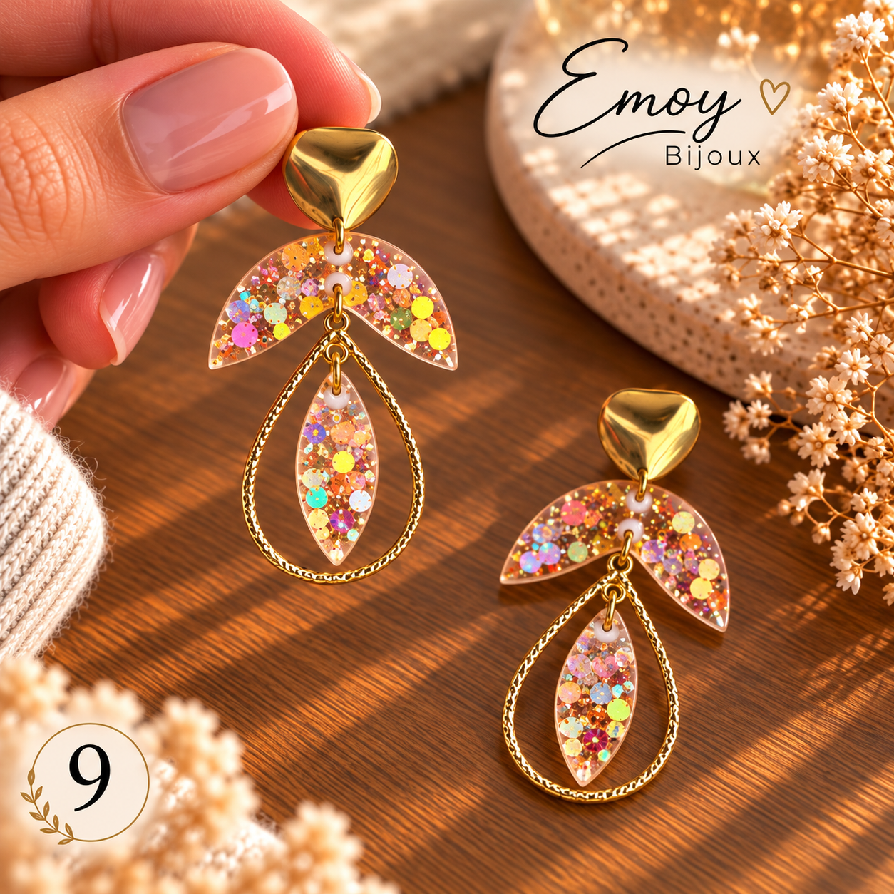 Boucles d’oreilles scintillantes dorées au soleil