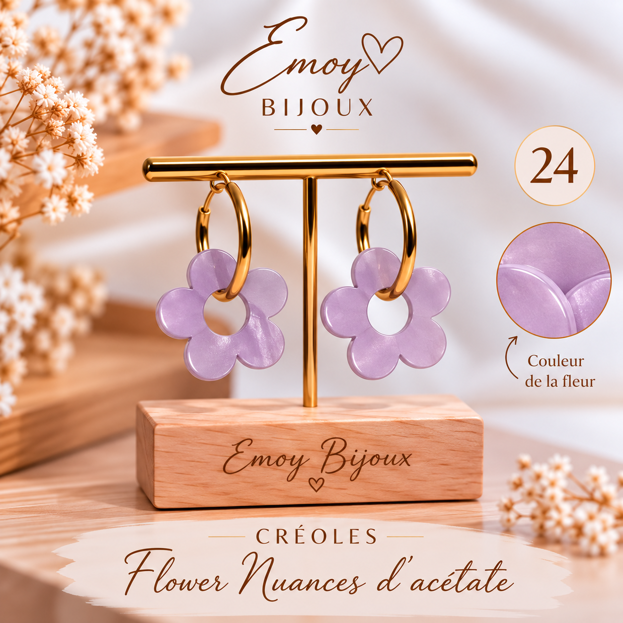 Boucles lilas Flower Nuances d’acétate Emoy bijoux 24