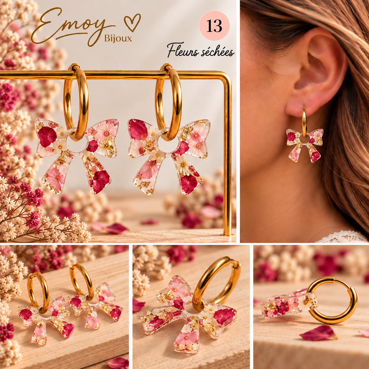 Boucles nœud en résine et fleurs séchées