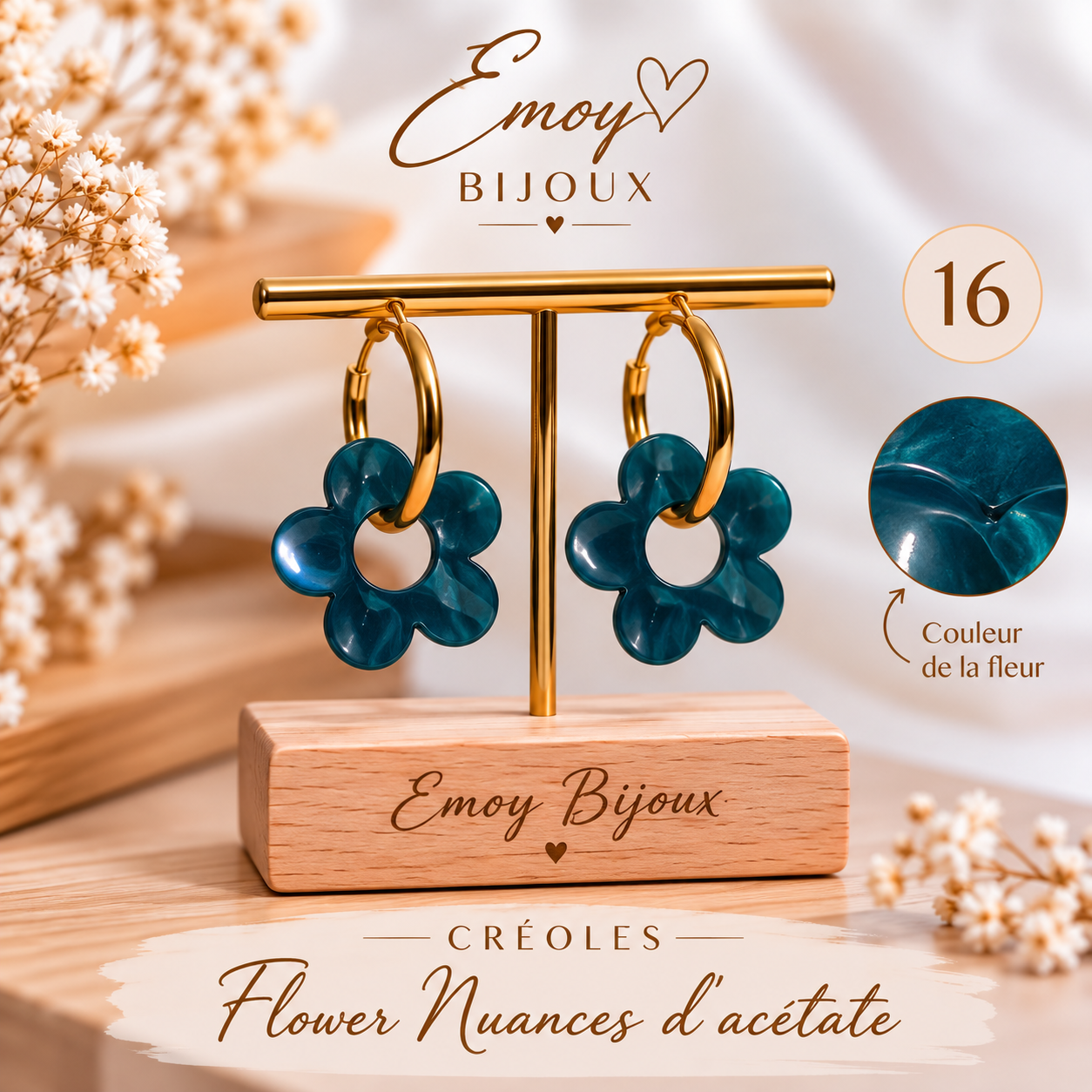 Créoles Flower en Acétate Bleu Canard Emoy bijoux