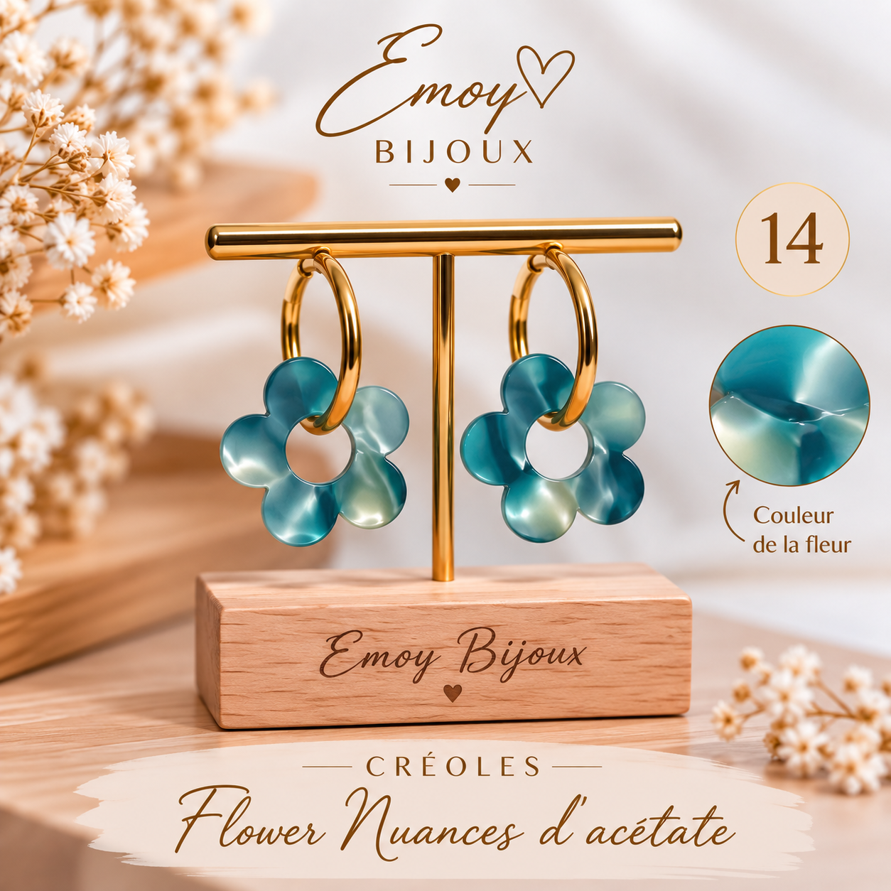 Créoles Flower en acétate nacré 14 Emoy bijoux