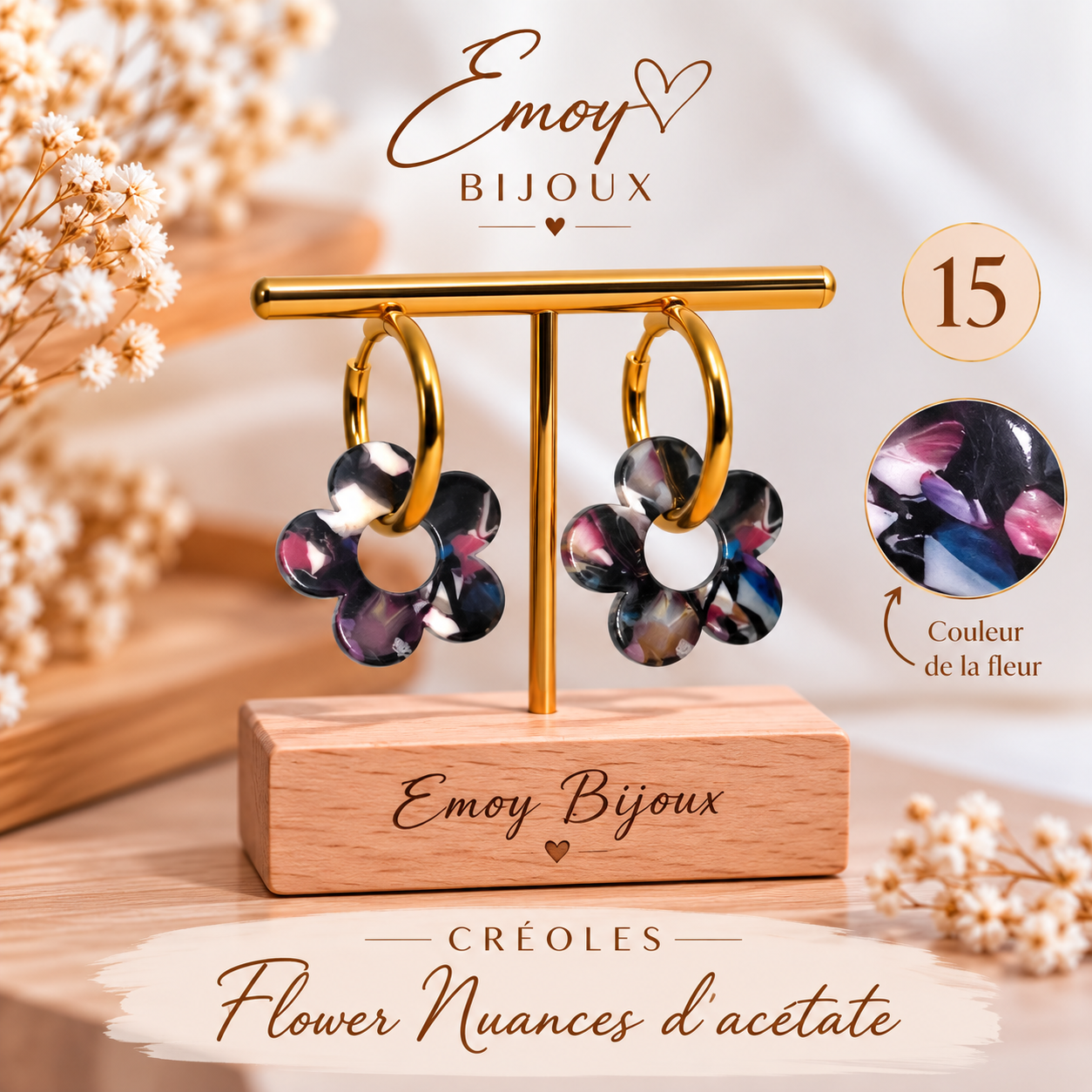 Créoles Flower en nuances d’acétate 15 Emoy bijoux