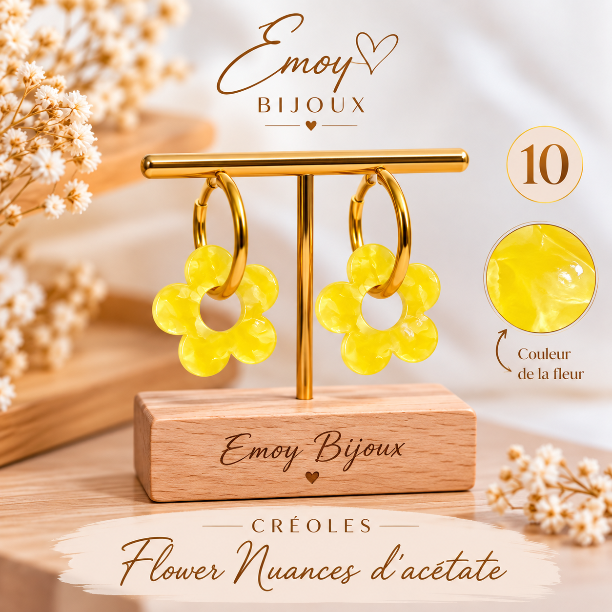 Créoles fleuries en acétate doré Emoy bijoux 10